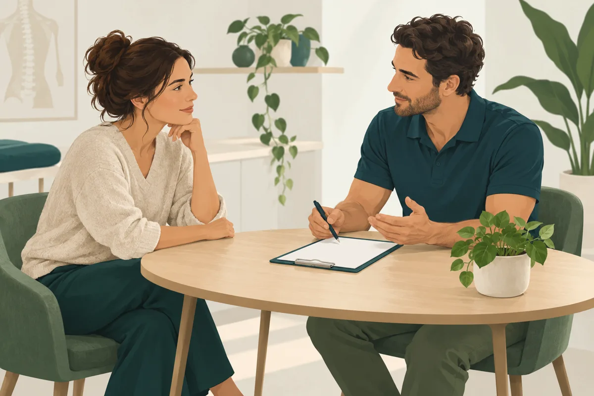 Illustration of a patient and practitioner discussing an appointment at a table.