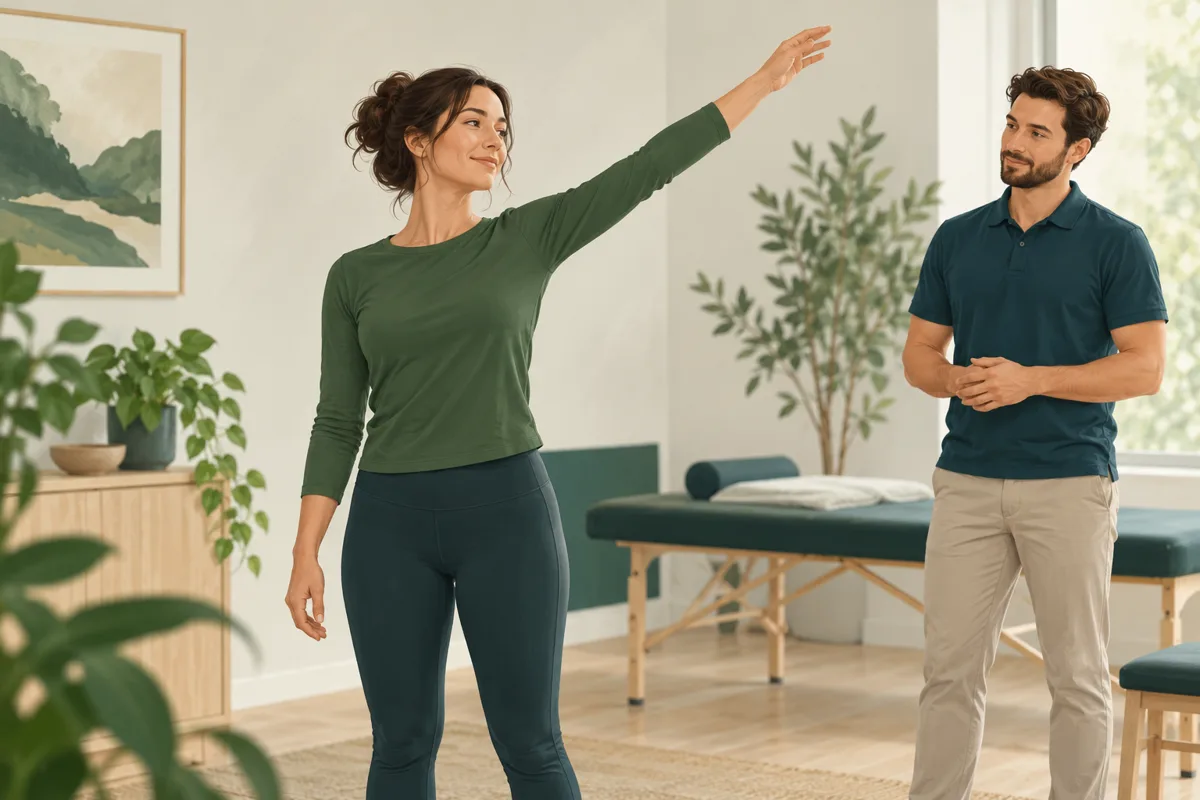 Illustration of an adult raising one arm while a practitioner observes their movement.