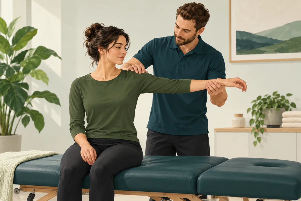 Illustration of a practitioner gently assessing a seated adult's shoulder movement.